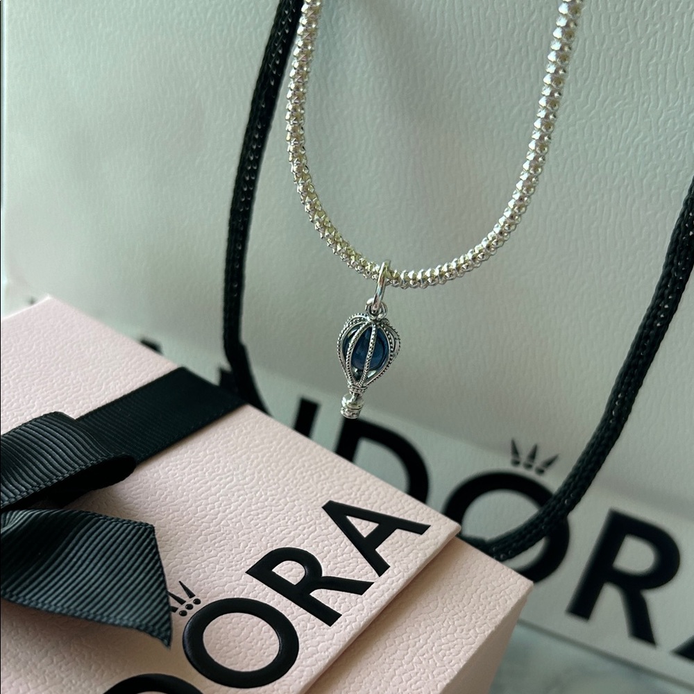 Pandora Silver Necklace with Blue Hot Air Balloon Charm